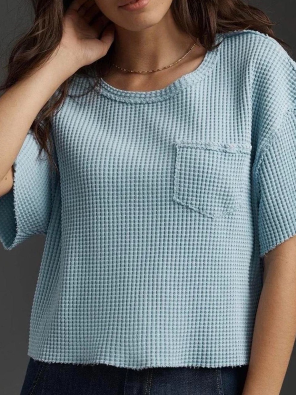 Anthropologie Pilcro Waffle Knit Tee Raw Edges Boxy Fit Semi-Crop Top